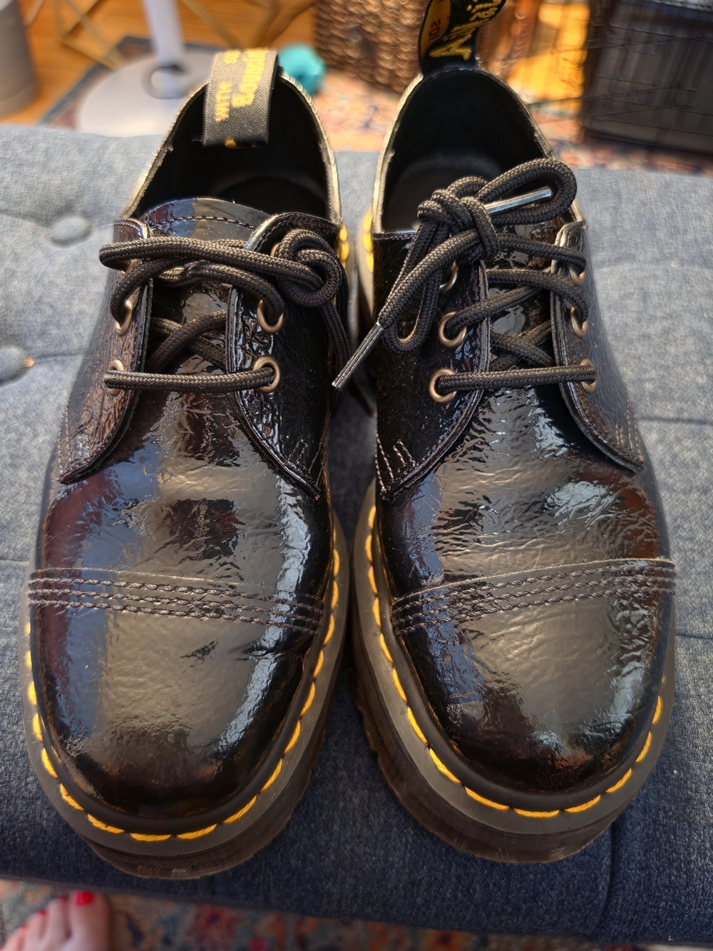 Dr. Martens Black Patent Leather 3-Eye Derby with Yellow Stitching